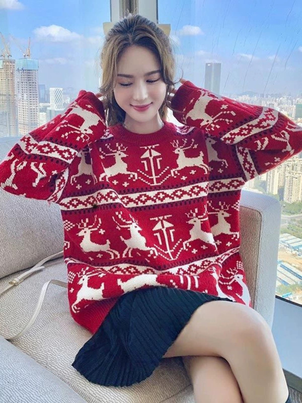 ZARA Cozy Retro Red Christmas Moose Jacquard Crew Neck Chunky Knit Sweater